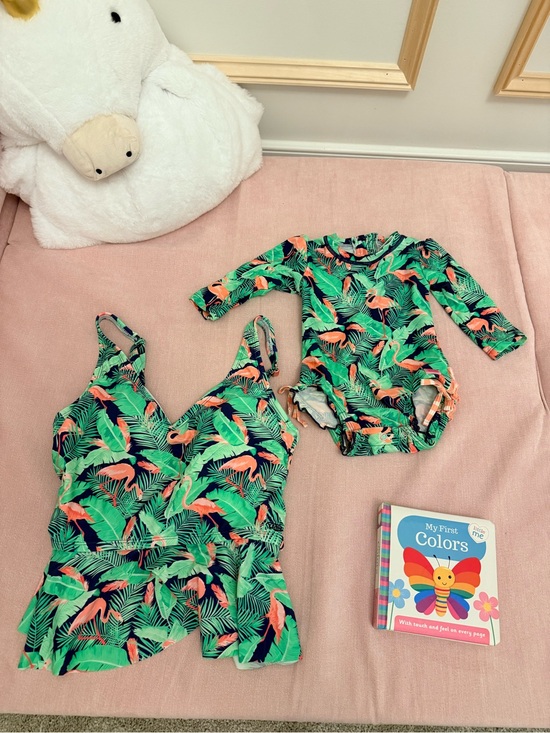 Ruffle Butts Other - (mommy and me) Ruffle Butts Green Tropical Flamingo Swim Set